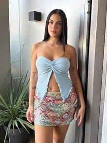 女士度假黄色针织纹理扭纹前短款开衩上衣，合身的秋冬分层单品，适合下午茶、街头装、派对 - 藍色 - 查看 6