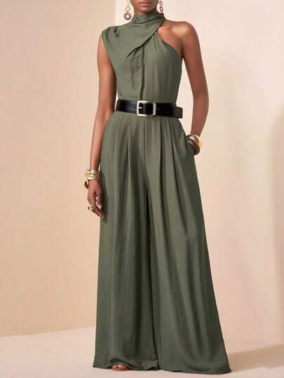 Zivah 2025 New Style Leisure Vacation Daily Dating Commuting Elegant Beach Cruise Party Simple Internet Celebrity Hot Style High Collar Pile Collar Sleeveless One Shoulder Loose Jumpsuit Wide Leg Pants Super Long Pants With Pockets Military Green Women's Jumpsuit Sage Green Jumpsuit Elegant Jumpsuit Jumpsuits For Women Wide Leg Olive Green Jumpsuit