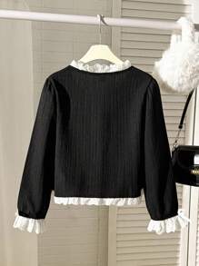 女童荷叶边下摆长袖纽扣设计夹克 - 黑與白 - 查看 2