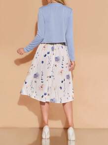 Amorya 女士优雅纯色前开长袖夹克和花卉印花吊带背心连衣裙 2 件套，秋季花卉连衣裙配开衫连衣裙配开衫套装蓝白花卉连衣裙女士休闲连衣裙蓝白连衣裙女士花卉连衣裙和开衫秋季女士服装 - 藍白色 - 查看 7