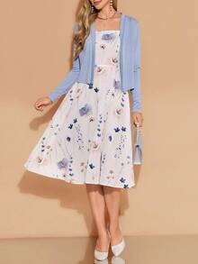 Amorya 女士优雅纯色前开长袖夹克和花卉印花吊带背心连衣裙 2 件套，秋季花卉连衣裙配开衫连衣裙配开衫套装蓝白花卉连衣裙女士休闲连衣裙蓝白连衣裙女士花卉连衣裙和开衫秋季女士服装 - 藍白色 - 查看 4