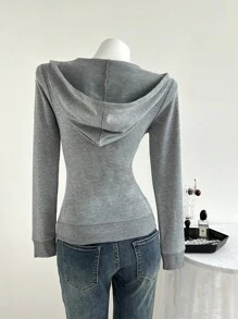 SHEIN Unity 女式休闲灰色套头衫 V 领连帽修身长袖运动衫秋季 - 灰色 - 查看 2