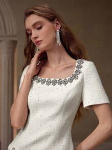 MOTF PREMIUM TWEED SQUARE NECK RHINESTONE DETAIL ZIPPER BACK SHORT DRESS - Apricot - View 1