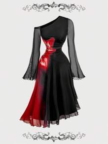 SHEIN MOD Vintage glamouröses schwarzes asymmetrisches Midi-Kleid mit fließendem Schulterfall und roter Blumenprint an der Seitentaille, Langarm mit Glockenärmeln - perfekt für Cocktailkleider, Hofdamenkleidung, Geburtstagskleider, Kreuzfahrtkleider und geeignet für Dates, Partys, Feiertage, Gartenpartys und Bälle - Schwarz - Übersicht 6