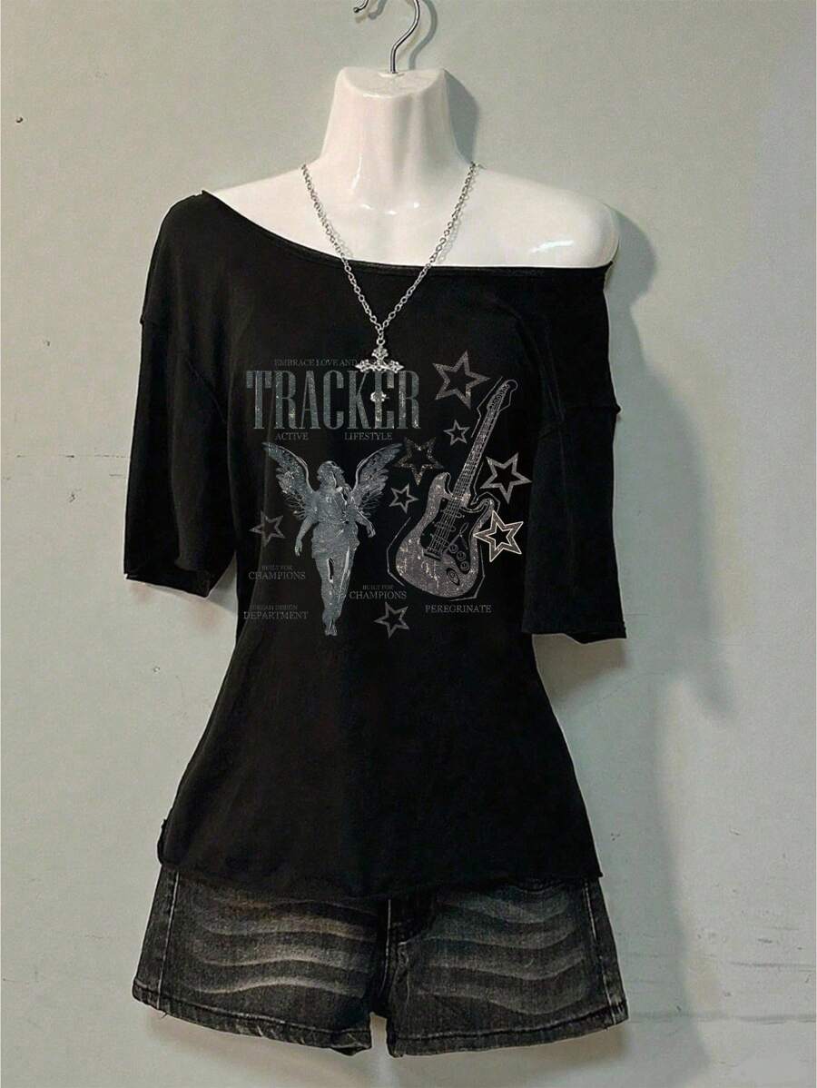 SHEIN EZwear 休闲简约全身印花露肩宽松女式T恤 - 彩色 - 查看 1