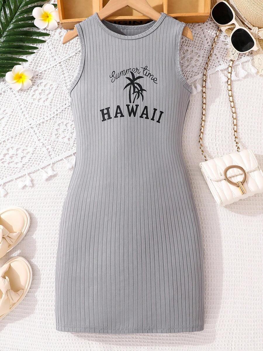 SHEIN 女童度假棕榈树印花针织背心裙，轻盈 - 灰色 - 查看 1