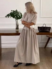 Livesso 女式夏季圆领短袖二合一束腰连衣裙 - 棕色 - 查看 5