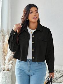 SHEIN LUNE 大码纯色前扣假口袋简约休闲夹克假日装