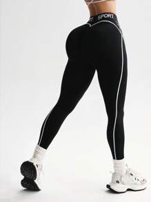 Easithlete 1 件女式字母弹性交叉腰带紧身裤，适合跑步、健身、锻炼 - 黑色 - 查看 2