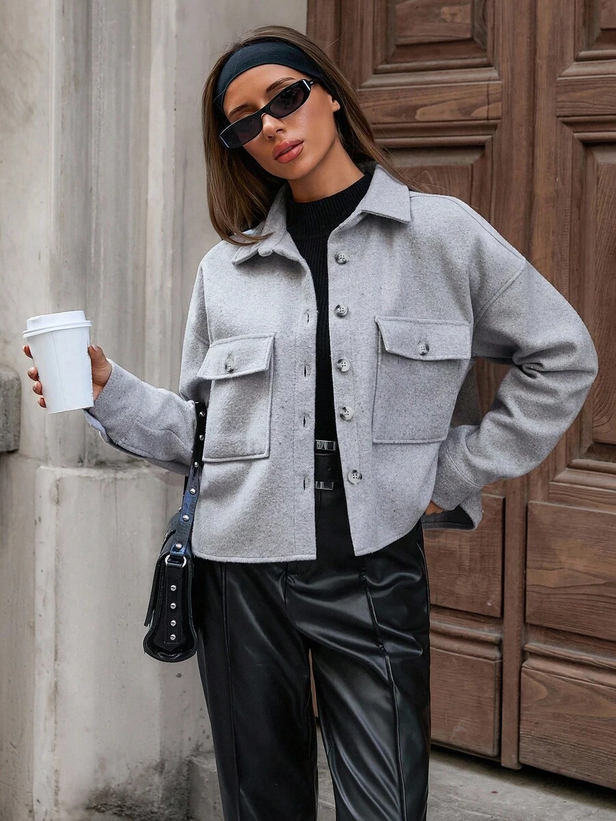 EURMUSE Front Button Pocket Solid Color Casual Long Sleeve Jacket - Grey - View 1