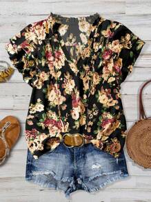 Chiquease Women's Pink Vacation Floral V Neck Ruffled Sleeve Loose Blouse Clothes For University - Yellow - View 1