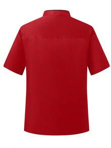Manfinity Homme 男式撞色前扣短袖厨师衬衫 - 紅色 - 查看 2