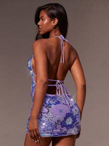 Athîral Minifalda sexy y de moda con Body entallado, flores y lentejuelas para mujeres