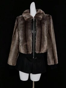 SHEIN ICON Abrigo de mujer con cremallera de estilo retro de piel sintética, elegante para otoño/invierno, abrigo de piel, abrigo de peluche