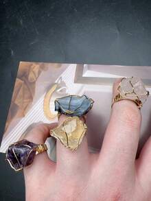 SHEIN Basic living 1pc Natural Crystal Rough Raw Ring Healing Gemston Statement Copper Wire Wrapped Asymmetric Crystal Gemstone Adjustable Adjustable Rings Jewelry For Women Girls Best Gifts Birthday Graduation