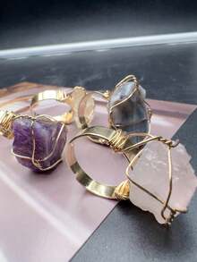 SHEIN Basic living 1pc Natural Crystal Rough Raw Ring Healing Gemston Statement Copper Wire Wrapped Asymmetric Crystal Gemstone Adjustable Adjustable Rings Jewelry For Women Girls Best Gifts Birthday Graduation
