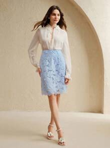 Anewsta 女士度假风格镂空刺绣水钻装饰高腰派对裙 - 淺藍色 - 查看 7