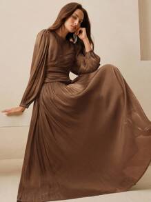 Anewsta 女士长裙，圆领，腰部褶饰，泡泡袖，长袖，橄榄绿，光泽，优雅百搭的连衣裙 - 咖啡棕 - 查看 3