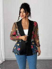 Elenzga Plus Size Women Embroidered Mesh Patchwork Sheer Elegant Blouse - Black - View 3