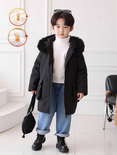 Tween Boy Solid Color Long Sleeve Zip Front Faux Fur Hooded Winter Jacket