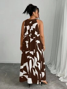 SHEIN Plus Size Women's Elegant All-Over Print Loose Halter Dress, Summer - Brown - View 2