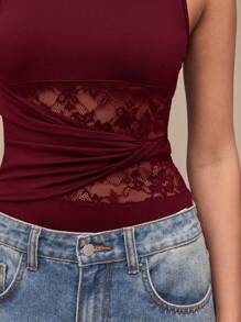SHEIN BAE Women's Solid Color Lace Patchwork Sheer Round Neck Sleeveless Bodysuit - Burgundy - View 6