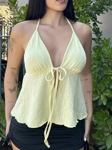 Lucia Bellido Women's Summer Solid Color Front Tie Halter Neck Tank Top - Yellow - View 4
