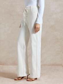Briarwyn Pantalon droit décontracté pour femmes, couleur unie, avec œillets à la taille, liens et poches. Convient pour l'automne, la rentrée scolaire, le style "Old Money" et les voyages en avion - Blanc - Voir 6