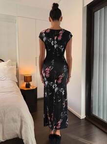 Lavishia Black Leopard Print Elastic Rib Knit Round Neck Short Sleeve Metal Button Decor Waist Fitted Long Dress, Fashionable Influencer Style Sexy Dress - Black - View 2