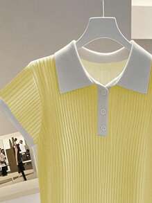 Franclia 时尚简约针织蓝罗纹撞色白色 Polo 领，白色袖口短袖 T 恤，适合女性穿着，春夏奶油黄色系大学风服装。 - 黃色 - 查看 4