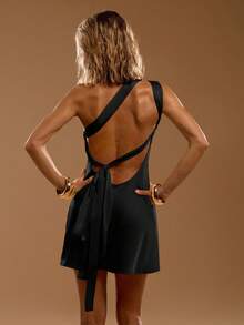 SHEIN BAE Yellow Asymmetric Asymmetric Neck Backless Mini Dress For Women, Elegant Dress, Sexy Backless Dress, Spring/Summer - Black - View 2