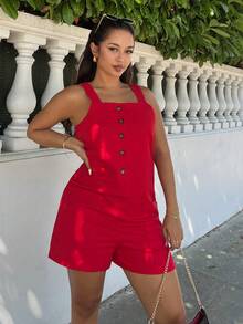 NegzBox 女士纯色休闲度假风格单纽扣连体裤，夏季新年服装 - 紅色 - 查看 6