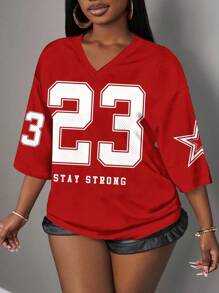 Slaydiva Plus Size Minimalist Number Print V-Neck T-Shirt, Casual Sporty Style, Suitable For Summer - Red - View 5