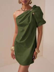 Zivah 2025 春夏新款音乐节、复活节、圣帕特里克节、西部风、游牧风、生日派对、毕业典礼、学院风、学生装、休闲日常、度假、邮轮旅行、海滩、日光浴、病毒式传播、街头潮流、优雅白色不对称褶皱泡泡袖短款纯色连衣裙 - 軍綠色 - 查看 6