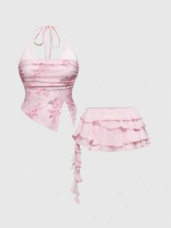 Fairycore 2 pièces/Set Débardeur en maille à col ras-du-cou romantique pour vacances et mini-jupe froncée à taille très basse, grande taille