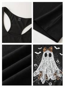 Attitoon Camiseta sin mangas de mujer con gráfico minimalista divertido de fantasma, calabaza y encaje de Halloween