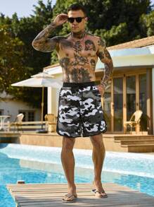 Manfinity Swimmode 男士迷彩泳裤：速干、抽绳沙滩短裤，带口袋，男士泳裤，夏威夷风 - 彩色 - 查看 5