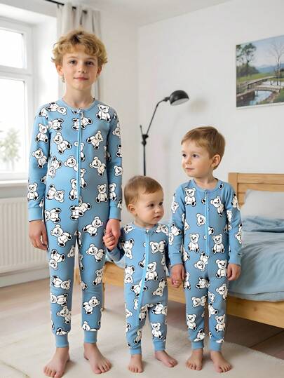 SHEIN Ung pojke, björntryck, långärmad och byxor, flamskyddad jumpsuit med huva, loungewear