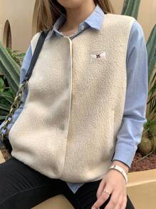 INAWLY Women's Cream White Lamb Fleece Vest Jacket,Elegant,Casual Occasion,Warm Lambswool With Cherry Patch,Metal Buttons,Autumn,Vintage Slim Fit,Flattering - White - View 4