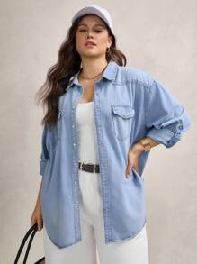 Zelara Plus Flap Pocket Roll Tab Sleeve Denim Shirt, Fall Women Clothes