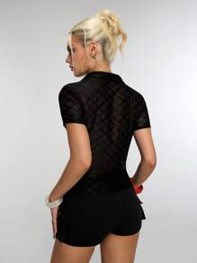 Flirla Women's Plaid Mesh Single-Breasted Short Sleeve Fitted Shirt - Black - View 2