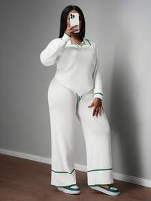 Slaydiva 2025 New Spring/Summer Plus Size Women Vintage Western Resort/Club/Road Trip/Business Casual Dress/Casual/City Vacation/Graduation Date/Elegant Vacation/Women Beach Outfit/Independence Day Ladies/Tea Party Dress/Women Office Wear, Fashion White & Green Striped Polo Collar Long Sleeve With Elastic Waist Wide Leg Pants Long 2 Pieces Set - B In Fall/Winter