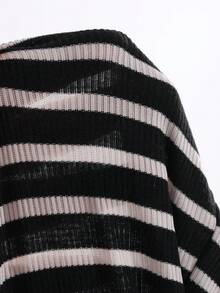 Livesso Ladies Black Striped Crew Neck Casual T-Shirt Long Sleeve Women Tops - Black - View 9