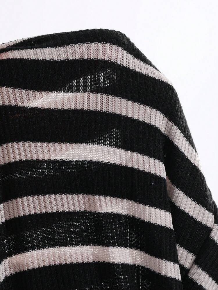 Ladies Black Striped Crew Neck Casual T-Shirt Long Sleeve Women Tops