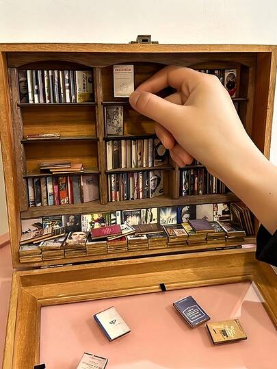 SHEIN Wooden Miniature Bookshelf Display-Decorative Collectible Figurines For Various Room Types,Handcrafted,Anxiety-Relief Knick-Knack,Indoor Use,No Electricity Required