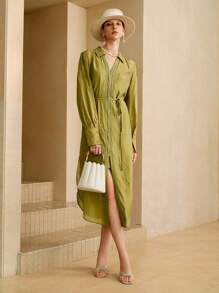 SHEIN LUNE Women's Elegant Commuter Long Sleeve Cinched Waist French Casual Maxi Dress Fall Women Clothes Fall Outfits Women Fall Autumn Clothes - Green - View 6