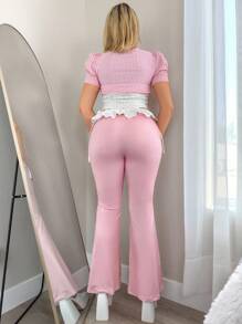 Sweetina 女式蕾丝花边印花喇叭腿休闲裤 - 粉色 - 查看 2