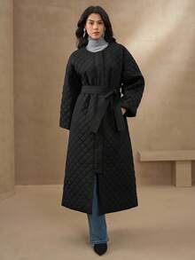 DAZY 小众设计法式宽松中长灯笼袖钻石绗缝棉衣女冬季 - 黑色 - 查看 6