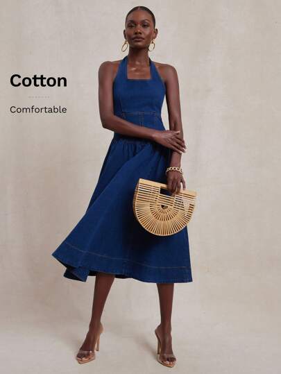 NYA SZN Dress Halter Neck Brunch Everyday Casual Vacation Travel Airport Special Occasion Event Modest Church Teacher Office Back To School Wedding Guest Bridal Party Date Fall Winter Denim Maxi Length Dress Statement Festival Outfits For Women