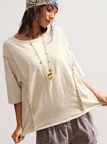 Bohemela 女士休闲纯色针织圆领短袖宽松水洗T恤 - 杏色 - 查看 3